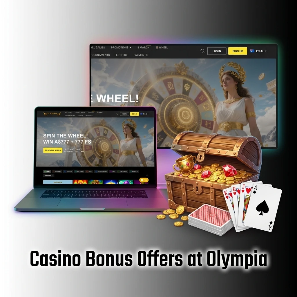 Olympia Casino bonus offers including welcome slots, live casino, cashback, and free spins promotions for AU players