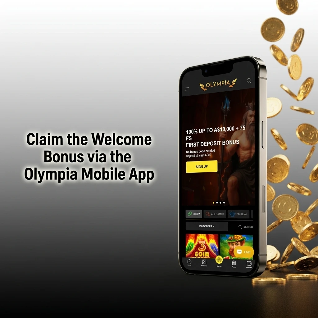 Olympia mobile app on iOS and Android showing casino welcome bonus claim steps for Australian players
