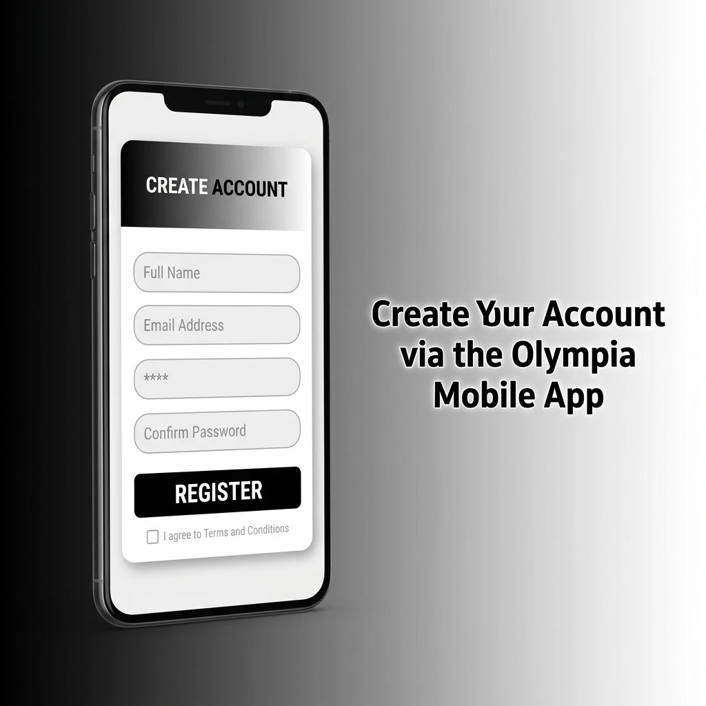 Olympia mobile app registration steps on smartphone showing sign-up options for iOS and Android users in Australia