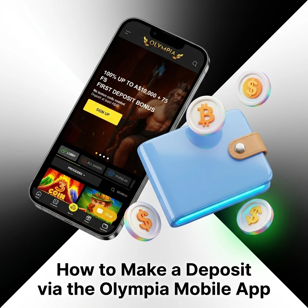 Olympia mobile app deposit steps showing login, payment method selection, and minimum A$20 transaction on mobile