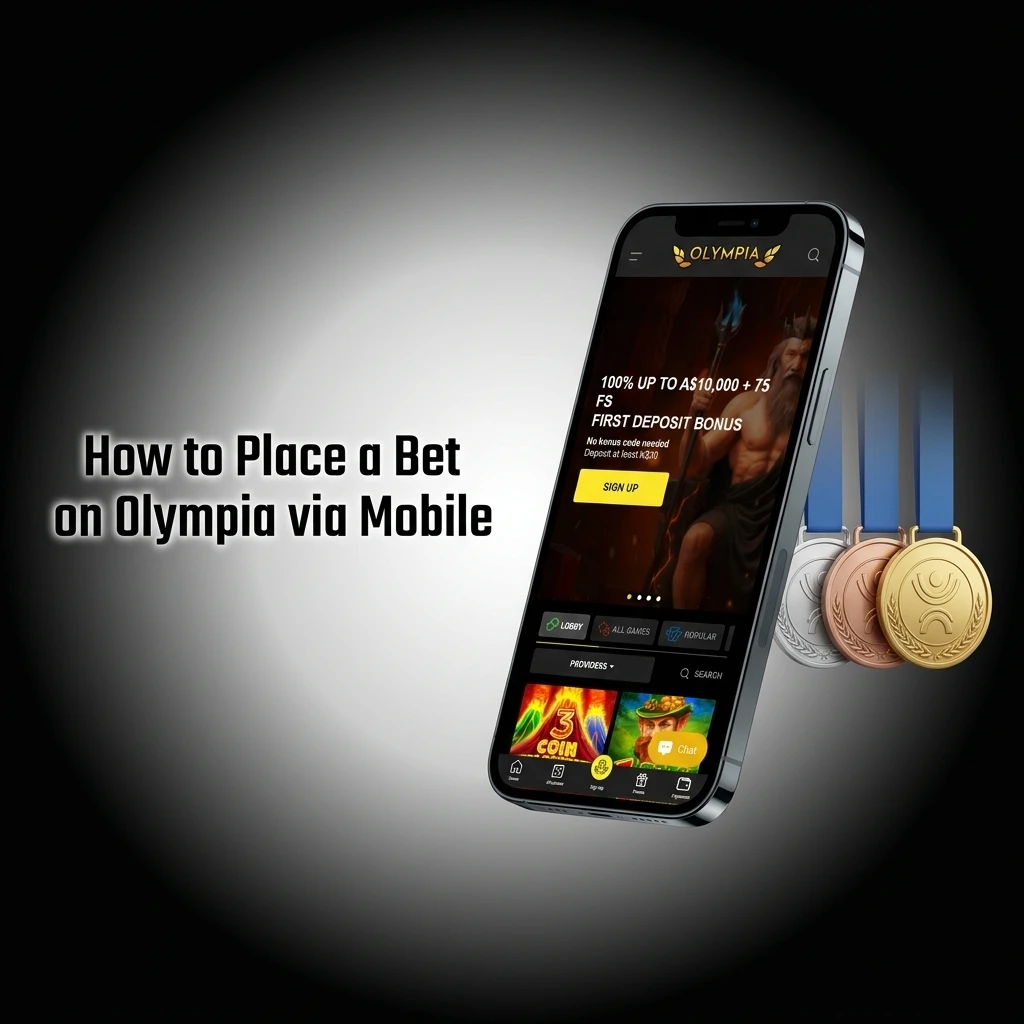 Mobile phone displaying Olympia betting site with sports selection, bet slip, and Place Bet button on screen