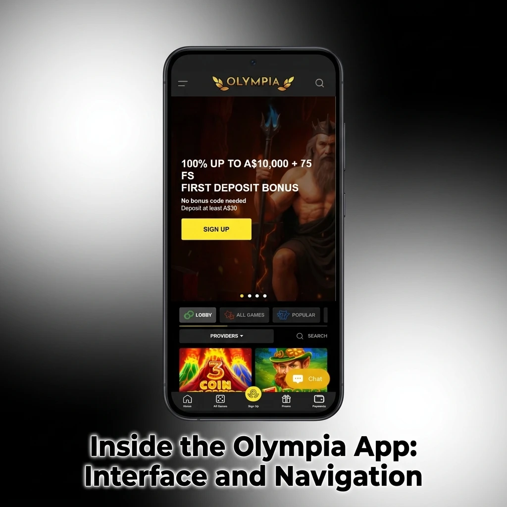 Olympia app interface showing clean mobile layout with sports, casino and account navigation accessible in one tap