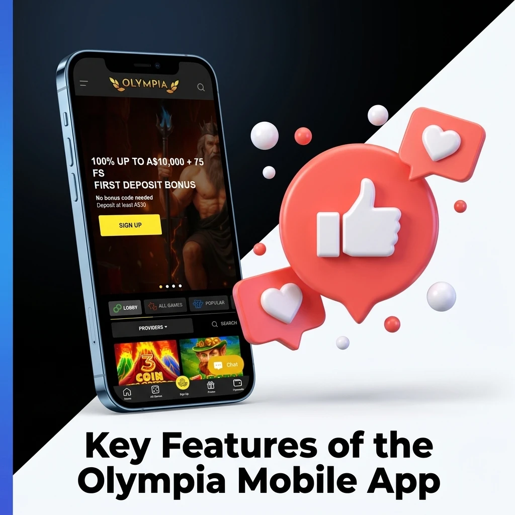 Olympia mobile app features including AUD support, pokies, sportsbook, PWA updates, and 24/7 customer support