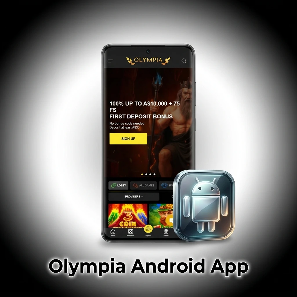 Olympia Android app interface showing mobile betting and casino games available for free download on Android devices