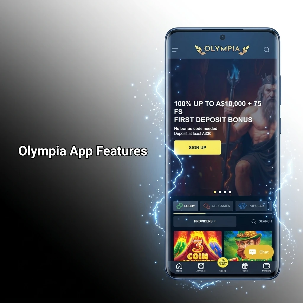 Olympia app features including live betting, casino games, deposits, withdrawals, profile tools and push notifications for Australian users