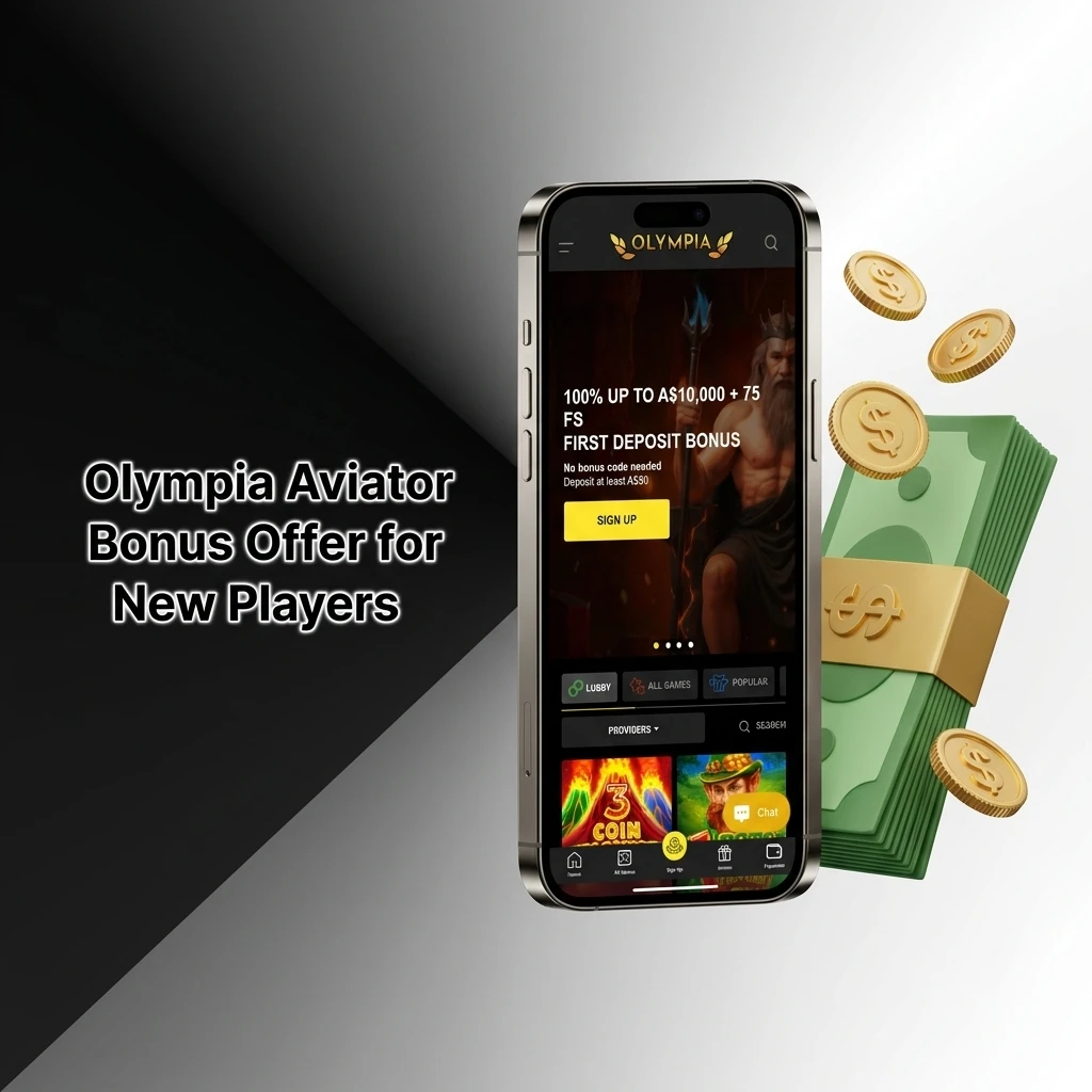 Olympia Casino welcome bonus offering 100% match up to A$10,000 plus 75 free spins for new players