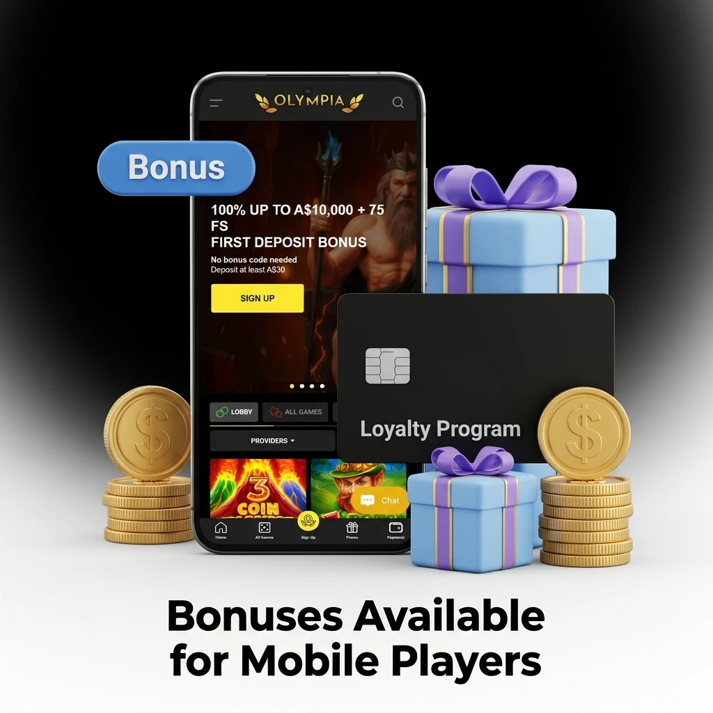 Olympia app mobile bonuses including welcome deposit match, free spins and sports free bet offers for Australian players