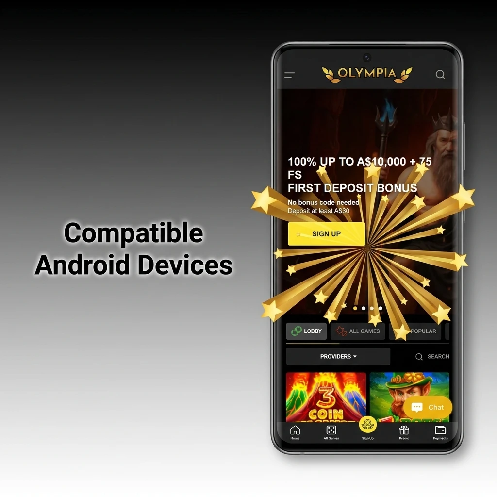 Compatible Android devices for Olympia app in Australia including Samsung, Google Pixel, OnePlus, Oppo, Xiaomi, Sony, Nokia, Motorola, Realme