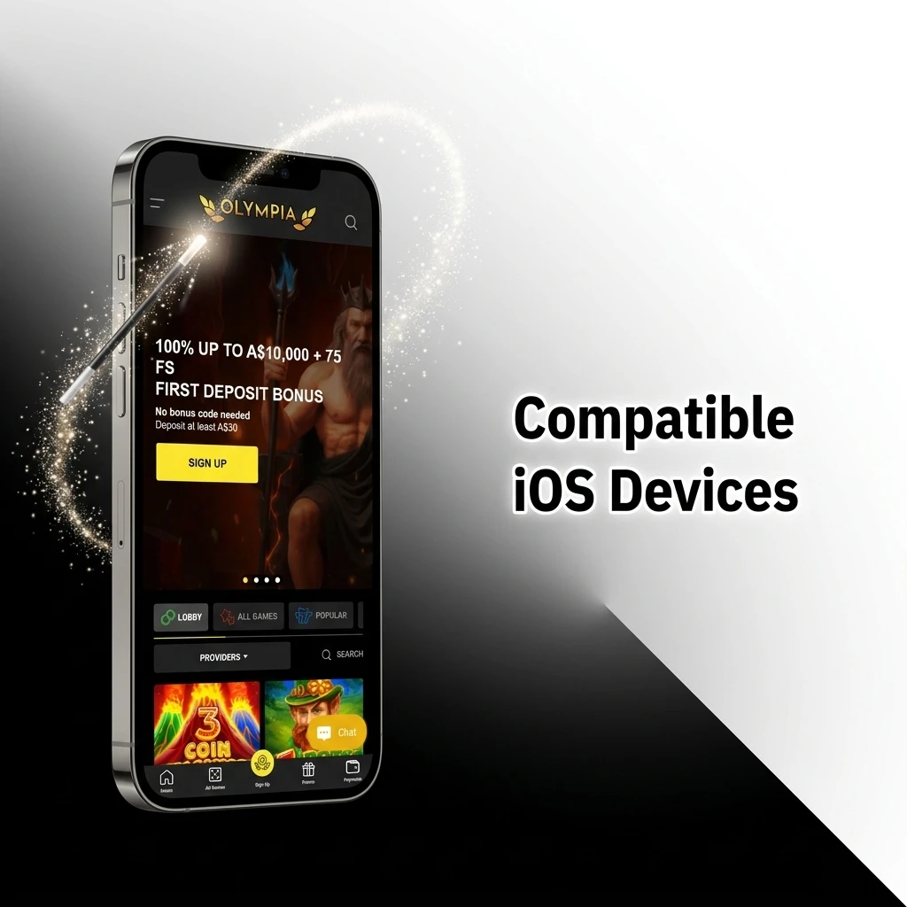List of compatible iOS devices for the Olympia app including iPhone X through 15 series and supported iPad models