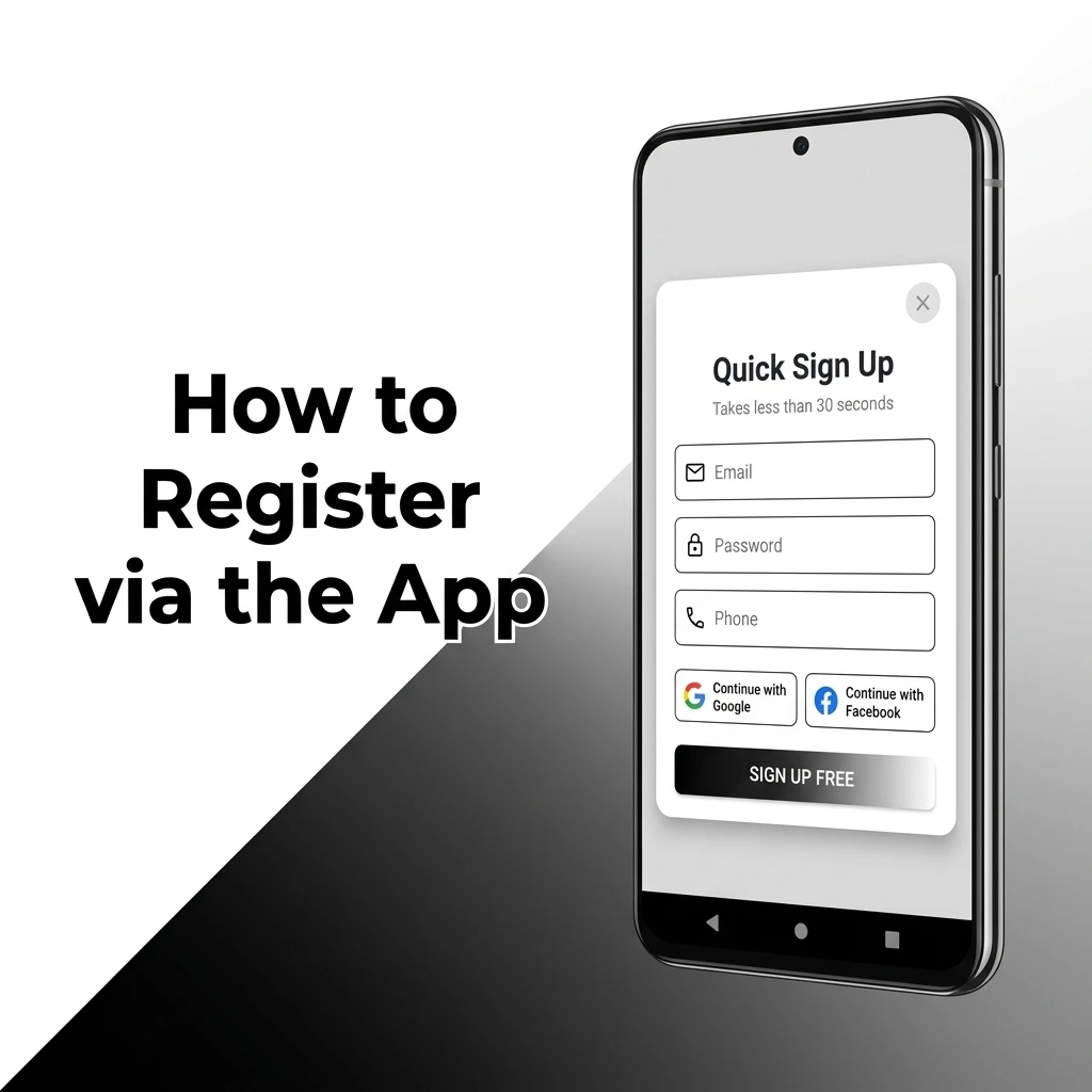 Mobile app registration steps showing Sign Up process, personal details entry, AUD currency selection, and welcome bonus claim