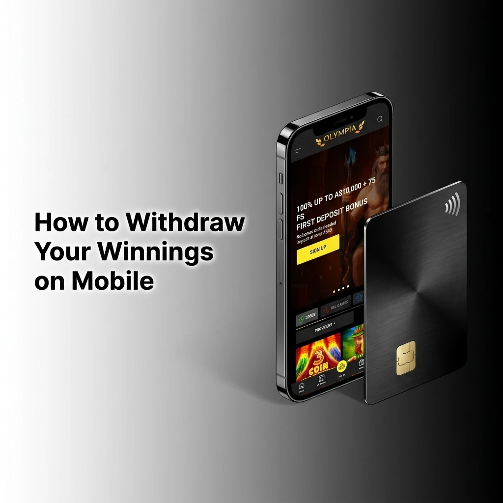 Mobile withdrawal process on Olympia casino app showing step-by-step cashout guide with account menu and transaction tracking
