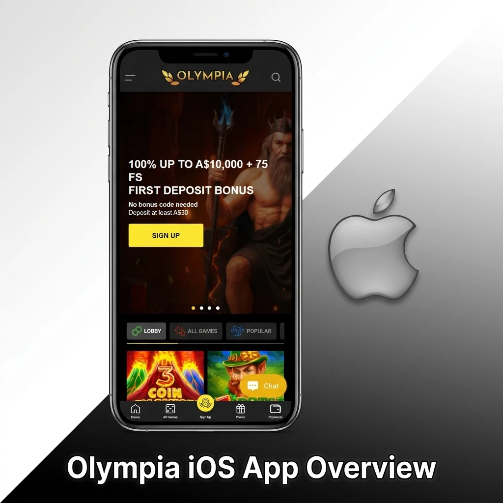 Olympia iOS app on iPhone and iPad showing sports betting, live casino and account management features