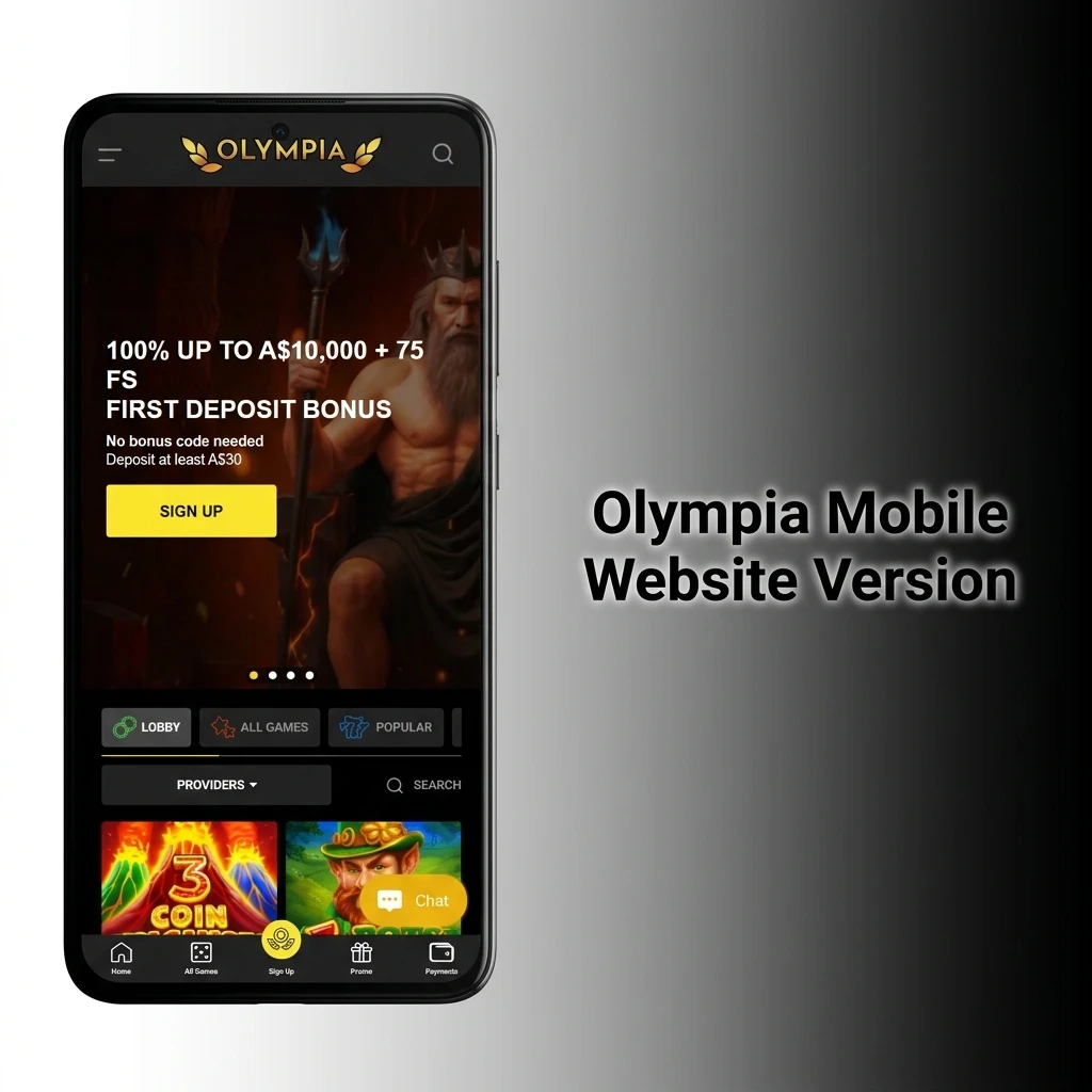 Olympia mobile website interface on smartphone showing sports betting and live casino optimised for browsers