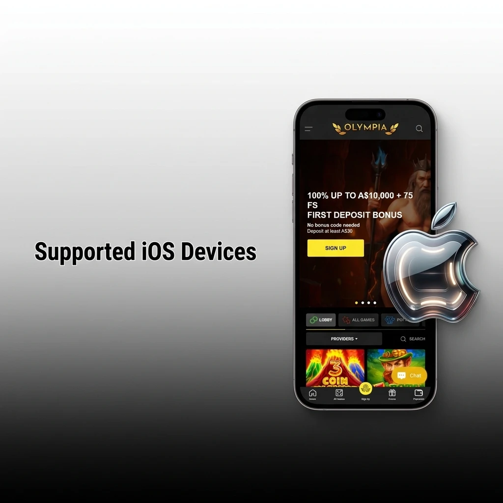 List of supported iOS devices for the Olympia app including iPhone 12 to 16, iPad Pro, iPad Air, and iPod Touch models