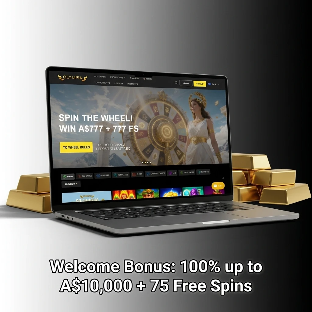 Olympia Casino welcome bonus 100% match up to A$10,000 plus 75 free spins with A$20 minimum deposit