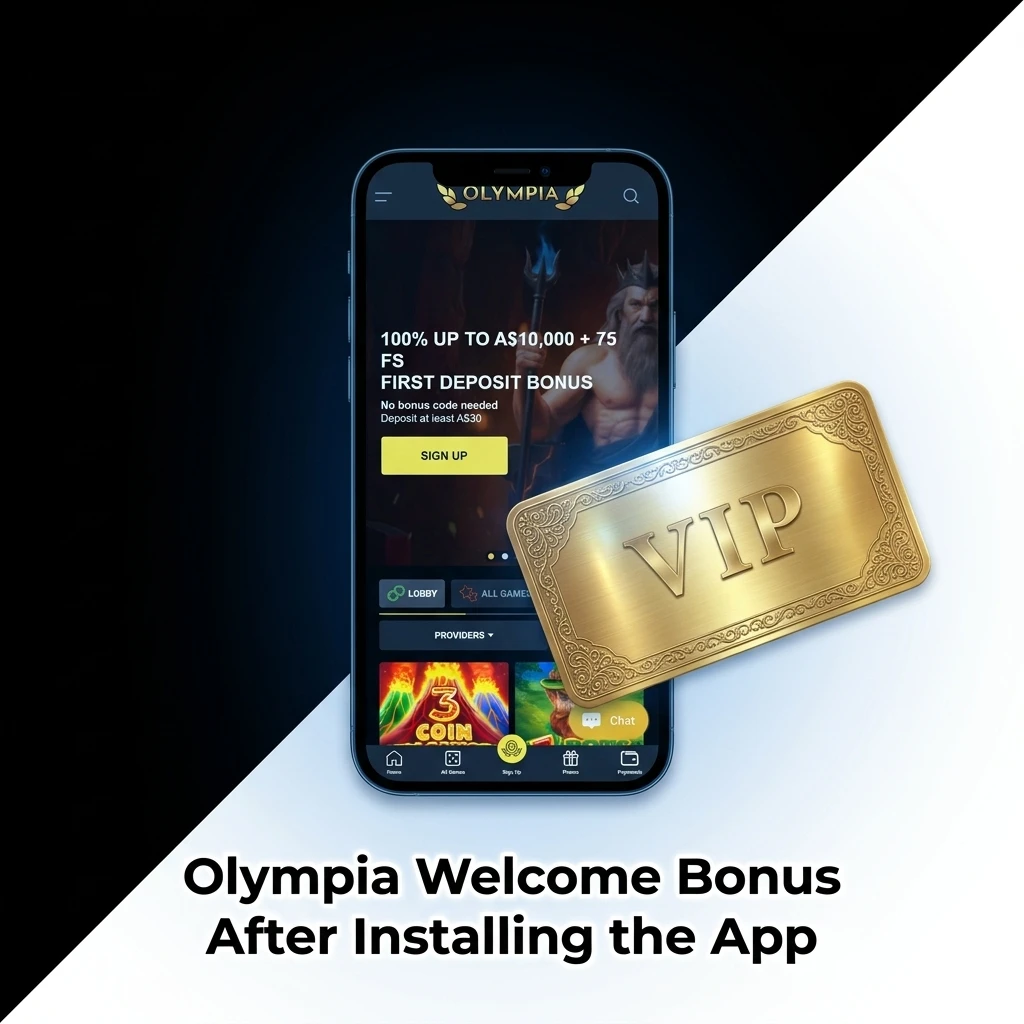 Olympia app welcome bonus offering 100% deposit match up to A$10,000 plus 75 free spins for new Australian players