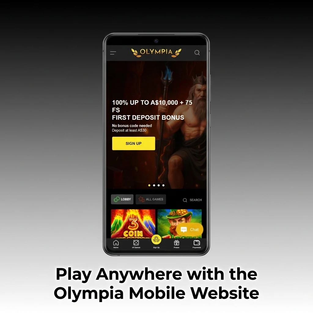 Olympia mobile website on smartphone browser showing full casino game access with no download required
