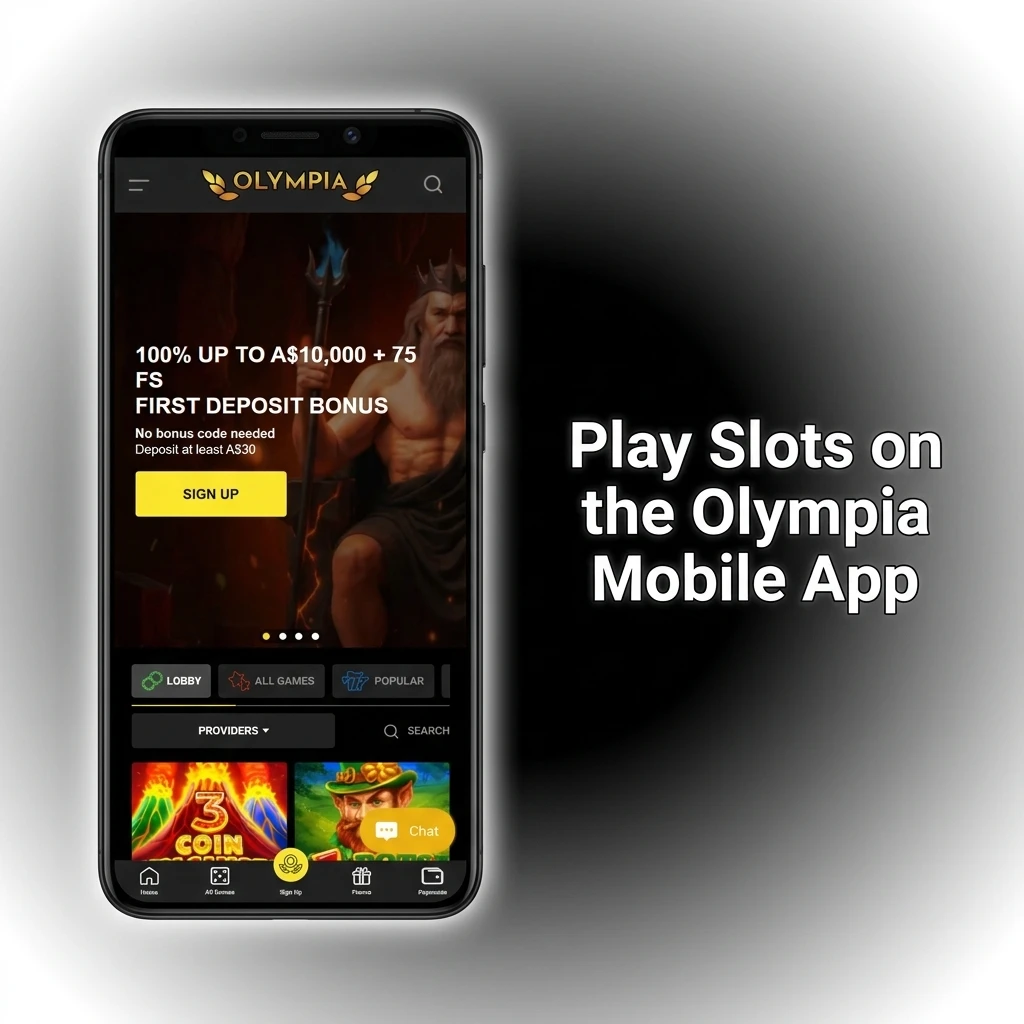 Olympia mobile app slot lobby interface showing touch-optimised layout with game filters and account balance on a smartphone screen