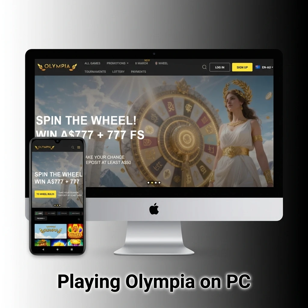 Olympia casino platform running in a desktop web browser on PC, no software installation required for Australian players