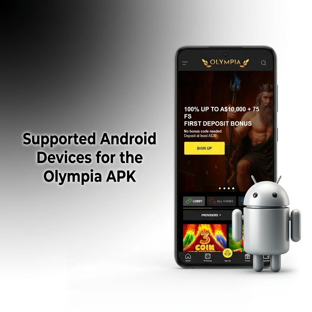 Table of Android devices compatible with Olympia APK, listing brands like Samsung, Google, Sony, and Xiaomi with supported models