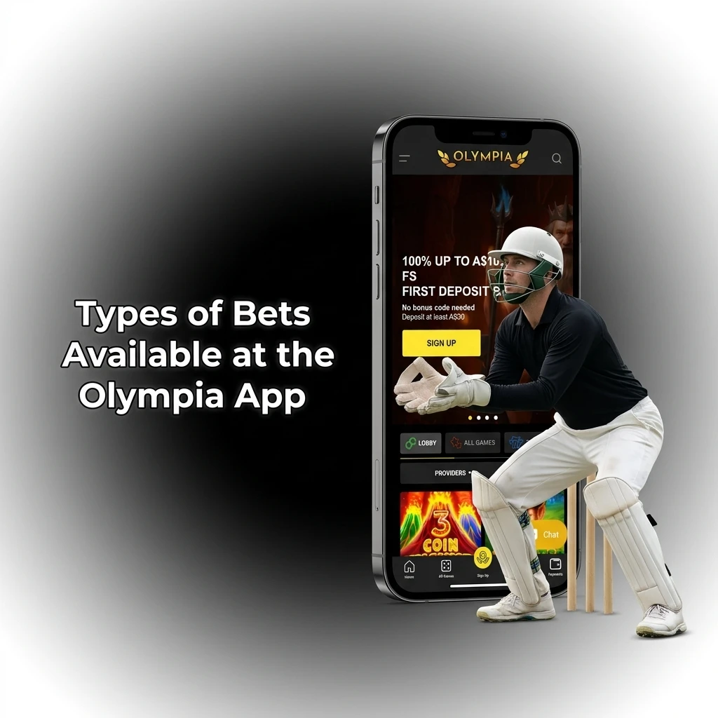 Types of bets at Olympia App including single, accumulator, treble, system, and live in-play betting options
