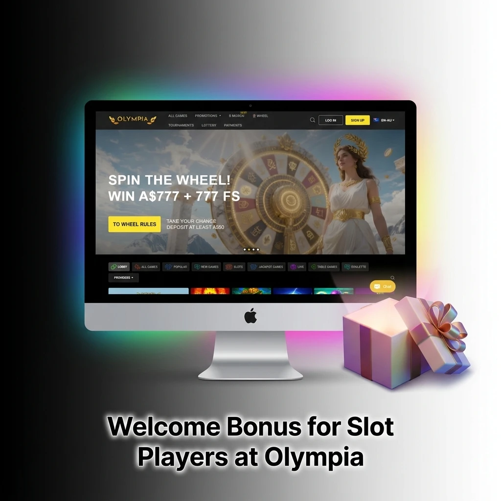 Olympia Casino welcome bonus for slot players offering 100% match up to A$10,000 and 75 free spins