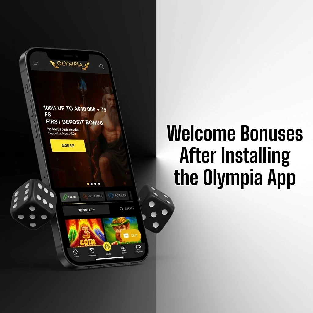 Olympia app welcome bonuses including 100% deposit match up to A$10,000 and 75 free spins on pokies