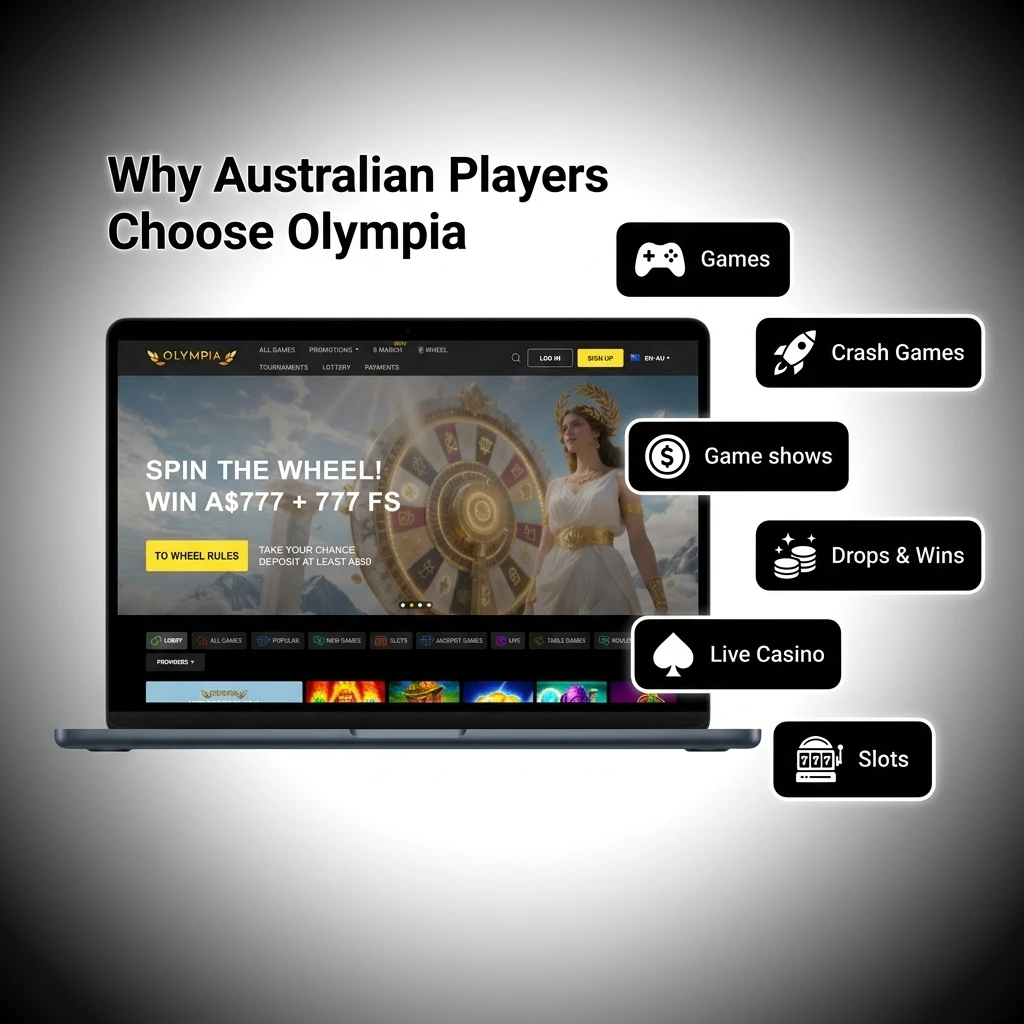 Australian players choosing Olympia Casino for PayID, AUD support, welcome bonus, vast games, mobile platform and 24/7 support